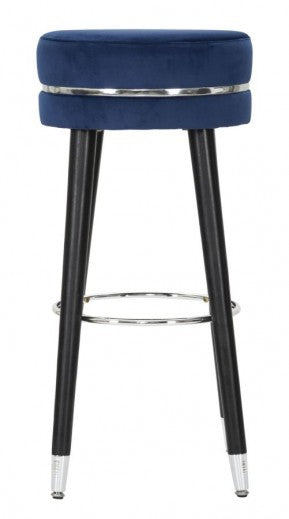 Chaise de bar rembourrée avec tissu et pieds en bois Paris Bleu / Argent, Ø35xH74 cm