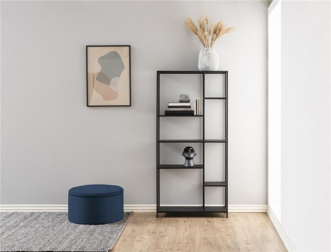 Tabouret rembourré en tissu, avec espace de rangement, Retina Velvet, Bleu Marine, Ø60xH35 cm