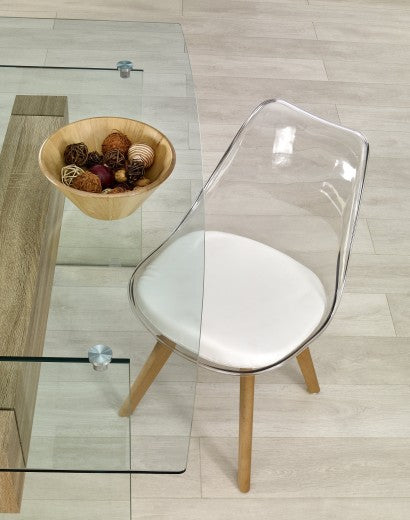 Chaise avec assise rembourrée en cuir écologique, avec pieds en bois K246 Transparent / Blanc, l48xA44xH83 cm