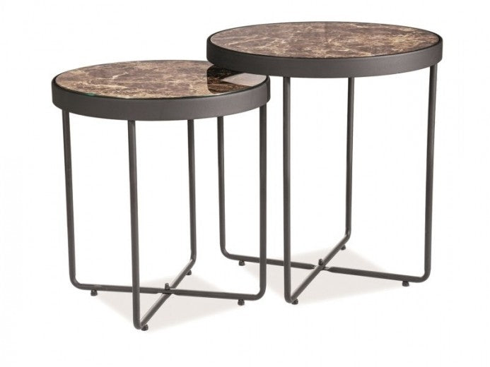 Set de 2 tables basses en verre et métal Manta Marble / Noir, Ø44xH49 cm / Ø40xH43 cm