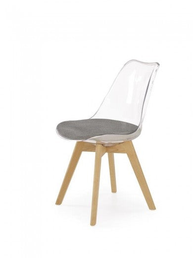 Chaise en plastique, avec assise rembourrée avec tissu et pieds en bois K342 Transparent / Gris / Hêtre, l48xA58xH83 cm