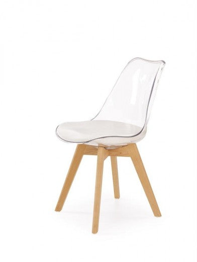 Chaise avec assise rembourrée en cuir écologique, avec pieds en bois K246 Transparent / Blanc, l48xA44xH83 cm