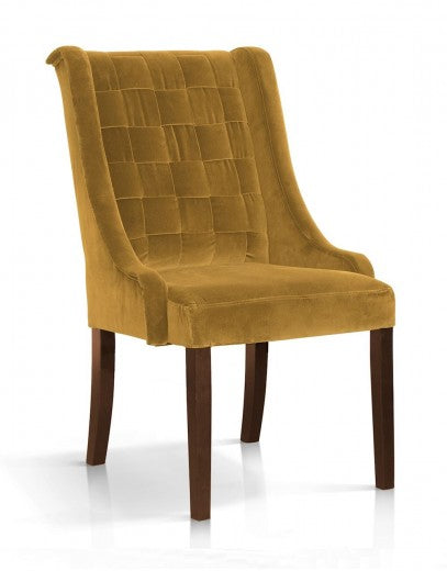 Chaise rembourrée en tissu, avec pieds en bois Prince Velours Jaune / Noyer, l55xA70xH105 cm