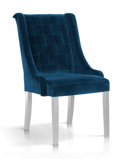 Chaise capitonnée en tissu, avec pieds en bois Prince Velvet Navy / Blanc, l55xA70xH105 cm