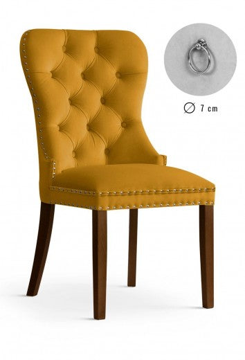 Chaise rembourrée avec tissu et pieds en bois Madame Velvet Moutarde / Noyer, l51xA63xH99 cm