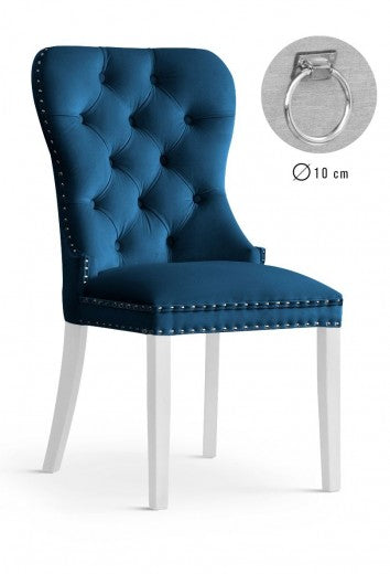 Chaise rembourrée avec tissu et pieds en bois Madame II Velours Marine / Blanc, l51xA63xH99 cm