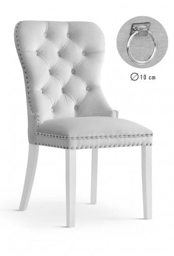 Chaise rembourrée avec tissu et pieds en bois Madame II Velours Argent / Blanc, l51xA63xH99 cm