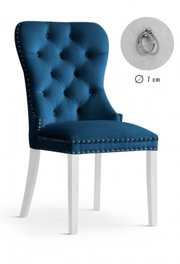Chaise rembourrée avec tissu et pieds en bois Madame Velvet Marine / Blanc, l51xA63xH99 cm