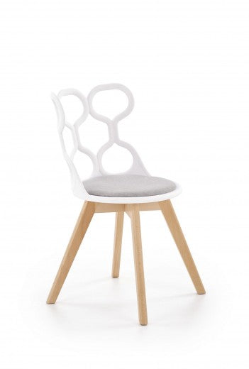 Chaise en plastique, avec assise rembourrée avec tissu et pieds en bois K308 Blanc / Gris / Naturel, l43xA50xH80 cm