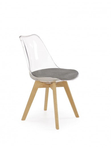 Chaise en plastique, avec assise rembourrée avec tissu et pieds en bois K342 Transparent / Gris / Hêtre, l48xA58xH83 cm