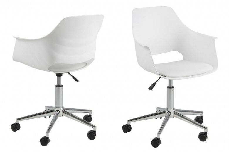 Chaise de bureau ergonomique en plastique et assise rembourrée en cuir écologique Ramona Blanc, l57xA52xH93 cm