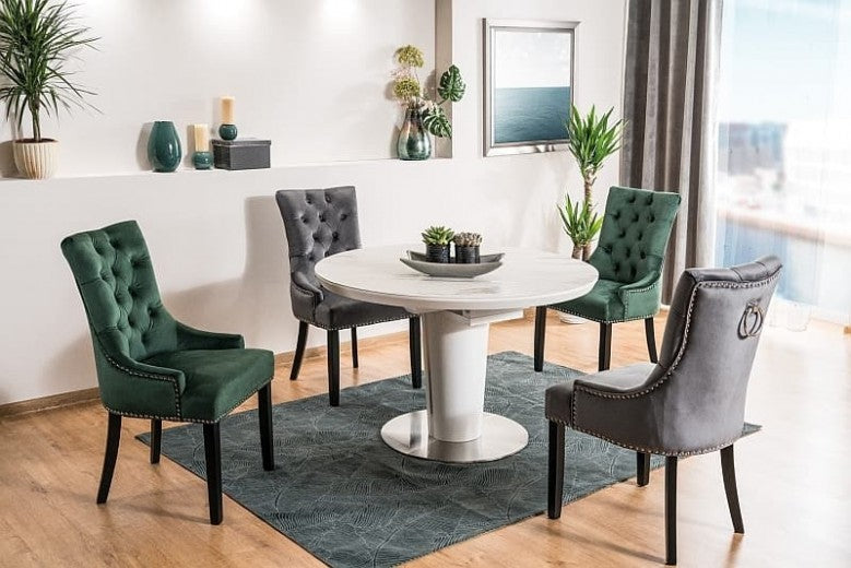 Chaise rembourrée avec tissu et pieds en bois, Edward Velvet Dark Vert / Noir, l56xA63xH98 cm