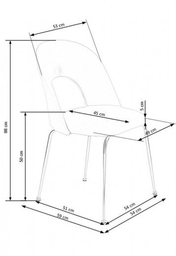 Chaise rembourrée avec tissu et pieds en métal K385 Velours Gris / Or, l54xA59xH88 cm