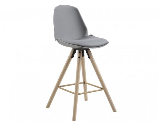 Tabouret de bar en plastique, assise rembourrée en éco-cuir et pieds en bois Oslo II Gris / Chêne Clair, l45,5xA46,5xH92,5 cm