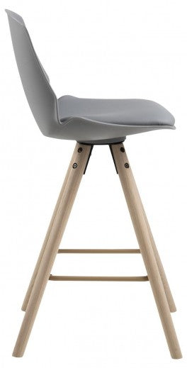 Tabouret de bar en plastique, assise rembourrée en éco-cuir et pieds en bois Oslo II Gris / Chêne Clair, l45,5xA46,5xH92,5 cm