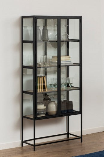 Vitrine métal et verre 2 portes Seaford Noir / Chêne, l77xA35xH185,6 cm