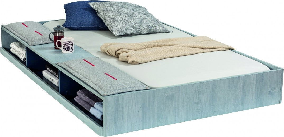 Lit palette avec tiroir et tête de lit rembourrée pour jeunes, garçons 12-24 ans, Trio Natur / Dark Bleu I, 200 x 120 cm-200 x 120 cm