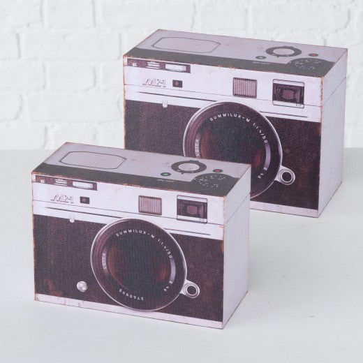 Lot de 2 boîtes de rangement, en MDF Photocamera Blanc / Noir, L24xl12xH17 cm / L20xl9xH14 cm
