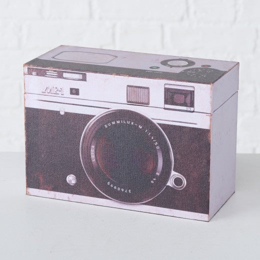 Lot de 2 boîtes de rangement, en MDF Photocamera Blanc / Noir, L24xl12xH17 cm / L20xl9xH14 cm