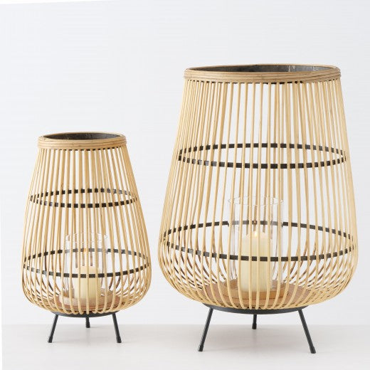 Set de 2 lanternes décoratives, en bambou, verre et métal Inu Natural / Noir, Ø42xH61 cm / Ø28xH46 cm