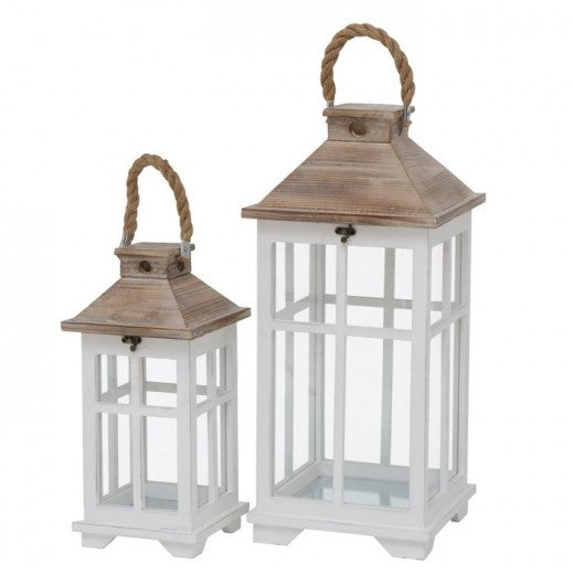 Lot de 2 lanternes décoratives en bois Noah Blanc / Naturel, L25xl25xH55 cm / L18xl18xH39 cm