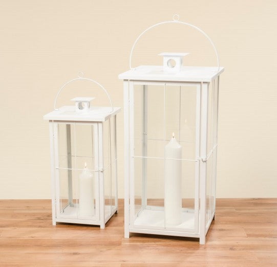 Lot de 2 lanternes décoratives en verre et métal Arizona Blanc, L49xL49xH100 cm / L37xL37xH73 cm