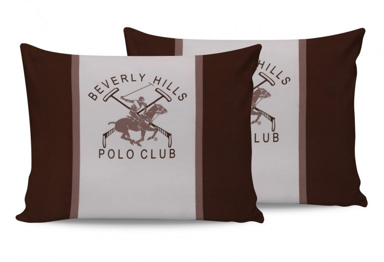 Lot de coussins 2 faces en coton, Beverly Hills Polo Club BHPC 029 Marron / Blanc, 50 x 70 cm