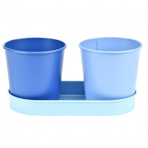 Set de 2 pots avec plateau en métal, Bleu Shades, Modèles Assortis, L18,3xl9,4xH9,1 cm