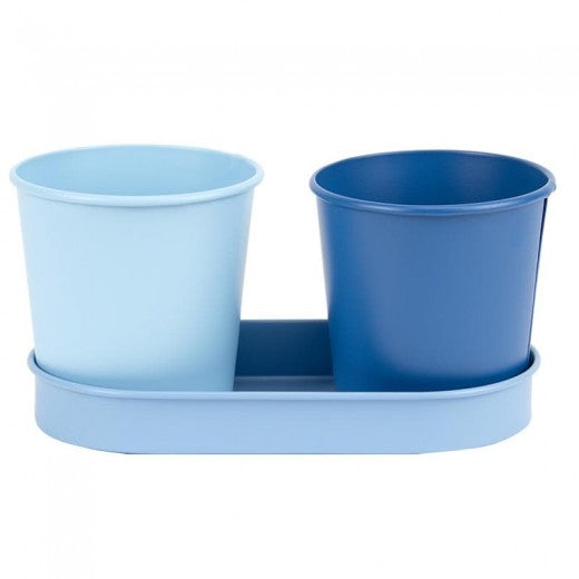 Set de 2 pots avec plateau en métal, Bleu Shades, Modèles Assortis, L18,3xl9,4xH9,1 cm