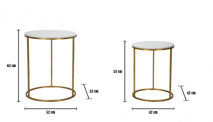 Set de 2 tables basses en métal et résine Simply Marble Blanc / Or, Ø52xH63 / Ø42xH53 cm