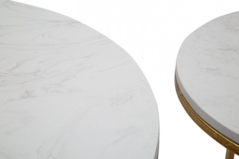 Set de 2 tables basses en métal et résine Simply Marble Blanc / Or, Ø52xH63 / Ø42xH53 cm