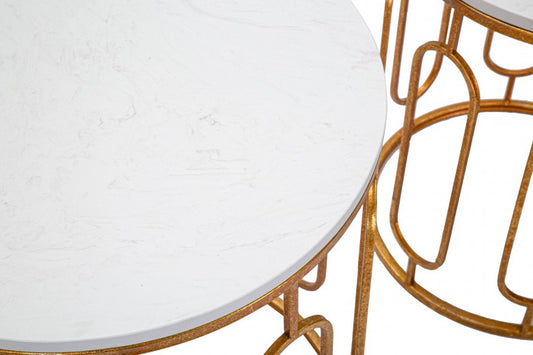 Ensemble de 2 tables basses en métal et résine Tory Marble Blanc / Or, Ø46xH55 / Ø39xH48 cm
