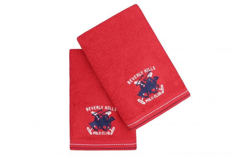 Lot de 2 serviettes de bain en coton, Beverly Hills Polo Club 401 Rouge, 50 x 90 cm