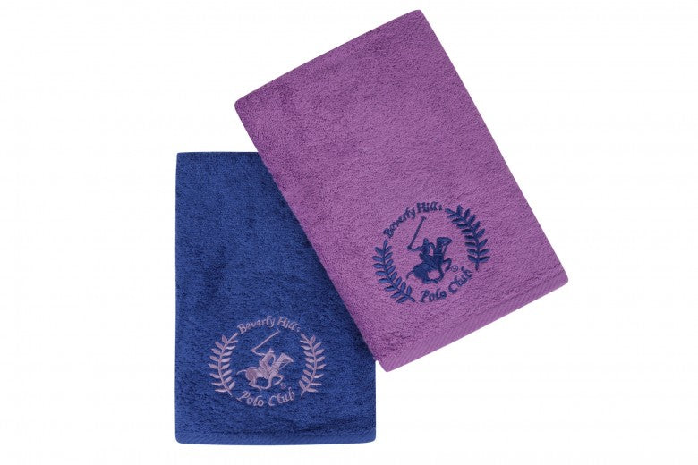 Lot de 2 serviettes de bain en coton, Beverly Hills Polo Club 402 Marine / Lilas, 50 x 90 cm