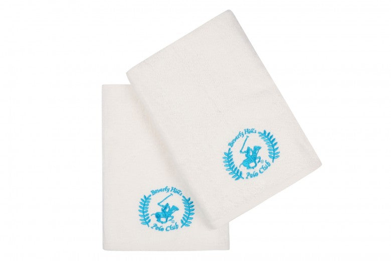 Lot de 2 serviettes de bain en coton, Beverly Hills Polo Club 402 Crème / Bleu V02, 70 x 140 cm