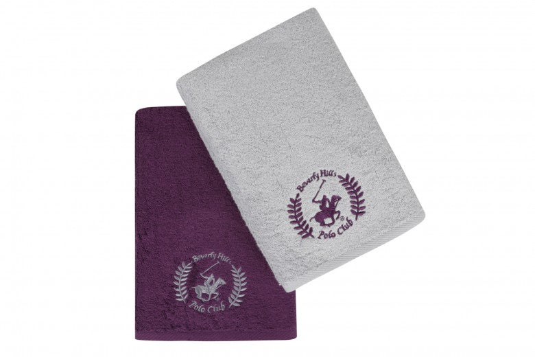 Lot de 2 serviettes de bain en coton, Beverly Hills Polo Club 402 Lilas / Gris, 70 x 140 cm