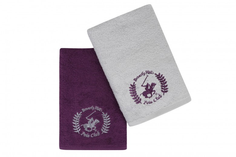 Lot de 2 serviettes de bain en coton, Beverly Hills Polo Club 402 Violet / Gris Clair, 50 x 90 cm