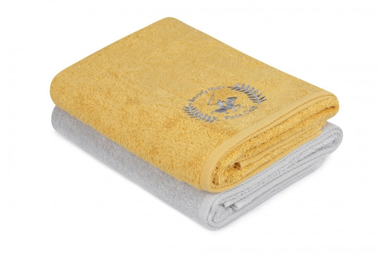 Lot de 2 serviettes de bain en coton, Beverly Hills Polo Club 402 Moutarde / Gris Clair, 70 x 140 cm