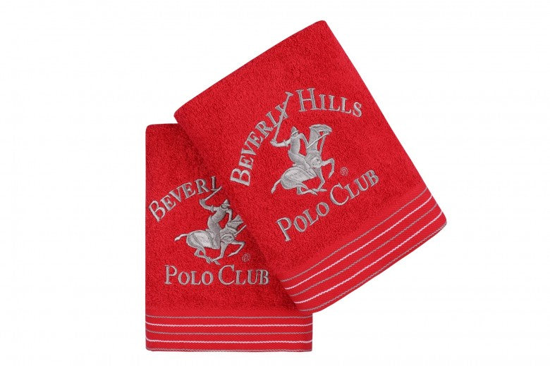Lot de 2 serviettes de bain en coton, Beverly Hills Polo Club 405 Rouge, 50 x 90 cm