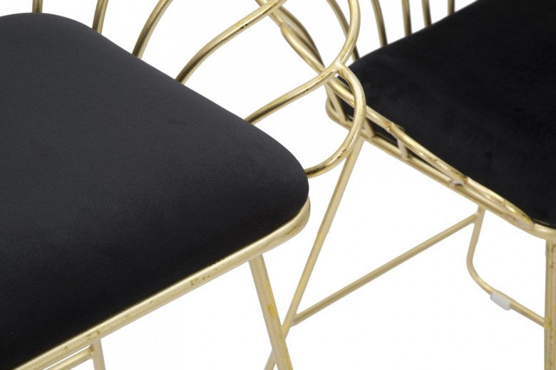 Lot de 2 chaises en métal, rembourrées en tissu Flower Noir / doré, l57xA52xH94 / l56xA48xH72.5 cm
