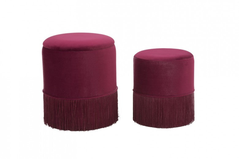 Lot de 2 tabourets rembourrés en tissu Lines Velvet Bordeaux, Ø35xH42 / Ø30xH32 cm