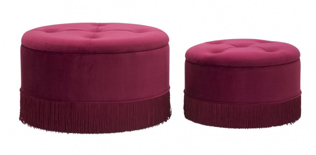 Lot de 2 tabourets rembourrés avec tissu et rangements Lines Velvet Bordeaux, Ø71xH40 cm / Ø55xH33 cm