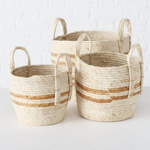 Set de 3 paniers de rangement, en feuilles de maïs Marly Natural, Ø31xH35 cm / Ø26xH30 cm / Ø21xH27 cm
