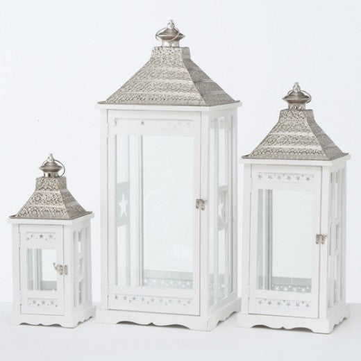 Lot de 3 lanternes décoratives en bois Kubino Blanc, L32xl32xH81 cm / L25xl25xH65 cm / L18xl18xH45 cm