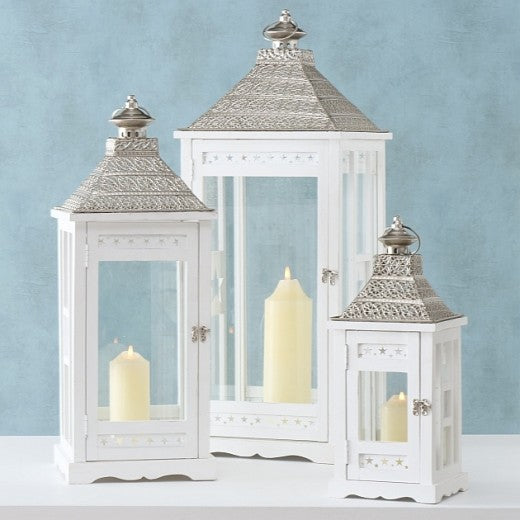 Lot de 3 lanternes décoratives en bois Kubino Blanc, L32xl32xH81 cm / L25xl25xH65 cm / L18xl18xH45 cm