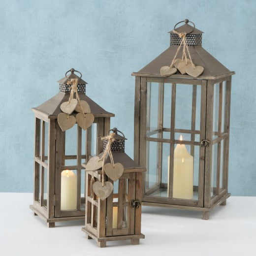 Lot de 3 lanternes décoratives en bois Polly Brun, L29xl29xH68 cm / L22xl22xH50 cm / L15xl15xH34 cm