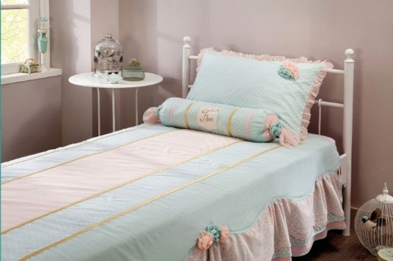 Ensemble lit bébé et 1 oreiller décoratif Paradise Light turquoise / Rose-210 x 220 cm