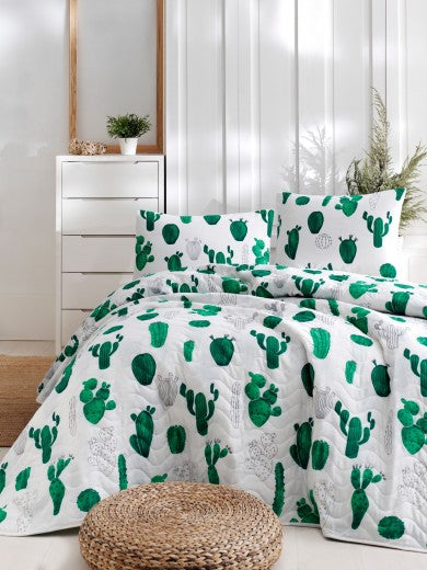 Ensemble couverture et 2 taies d'oreiller Blanc / Vert Cactus, 200 x 220 cm