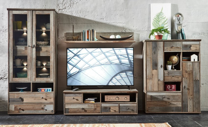 Commode TV en palette, avec 4 tiroirs Bazna Small Natur / Gris foncé, l130xA52xH43 cm