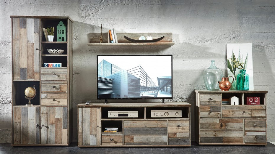 Commode TV en palette, avec 3 tiroirs et 2 portes Bazna Large Natur / Gris foncé, l162xA52xH61 cm